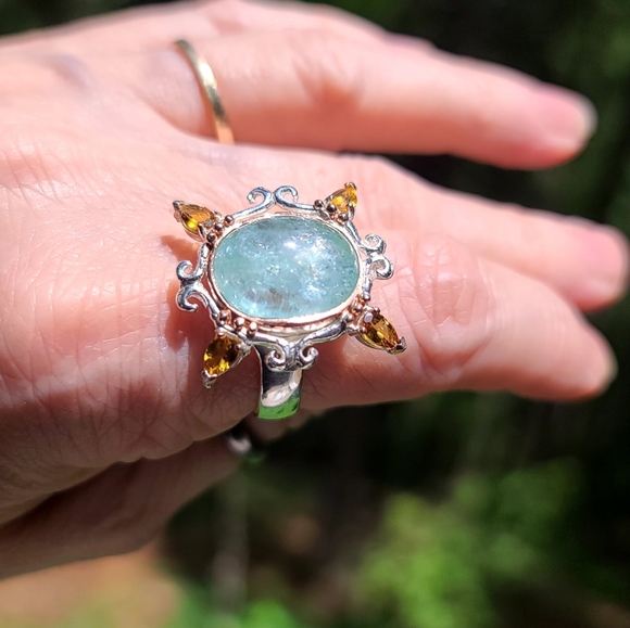 Oval 11k Aquamarine & Tourmaline portrait style Sterling ring sz9 - Picture 3 of 4